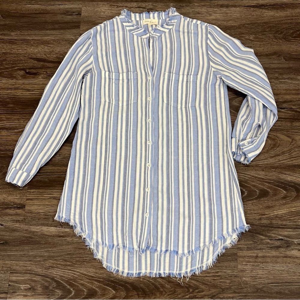 Cloth‎ and Stone blue white stripe soft raw hem dress size M